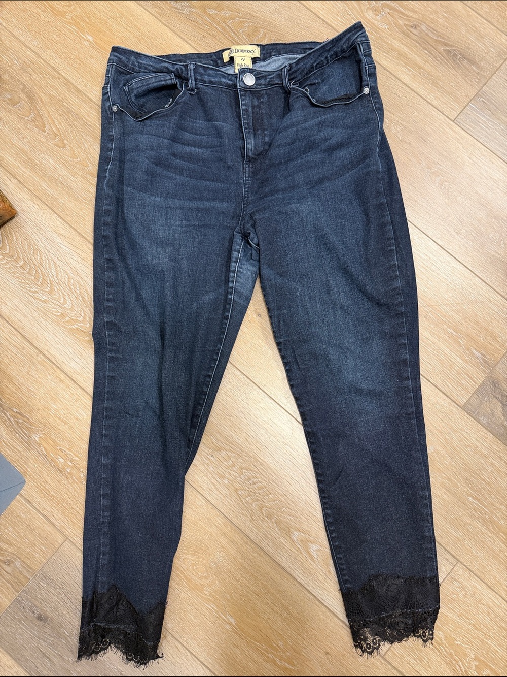 Democracy Dark Indigo Cropped Skinny Jeans with Lace Hem
